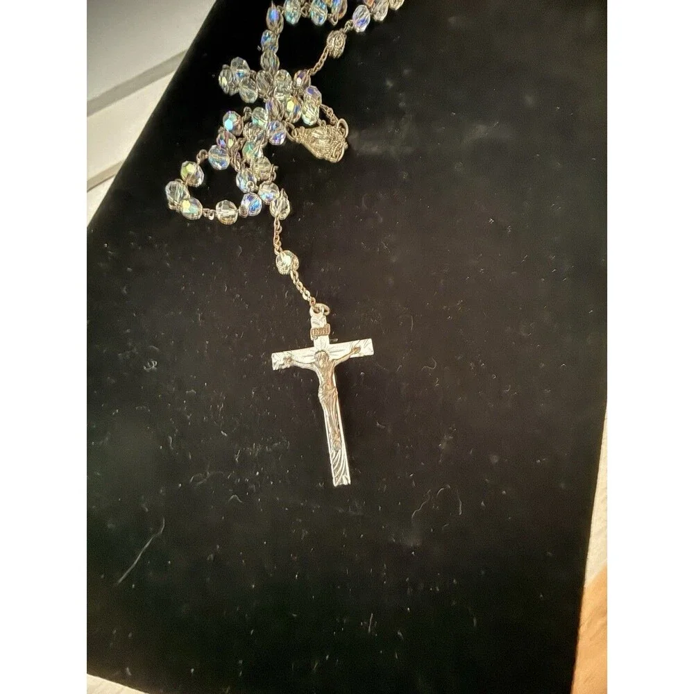 Vintage Sterling Silver AB Crystal Catholic Rosary Italy Crucifix Marian Medal